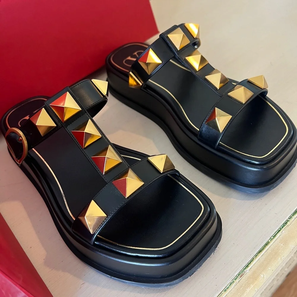 Valentino Black Sandals with Gold Studs - Picture 4 of 8